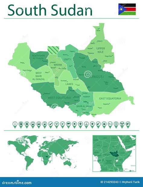 South Sudan Detailed Map And Flag South Sudan On World Map Stock Vector Illustration Of