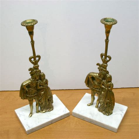 Victorian Figural Brass Marble Base Candle Holders Brass Candle Holders Vintage Brass Candle