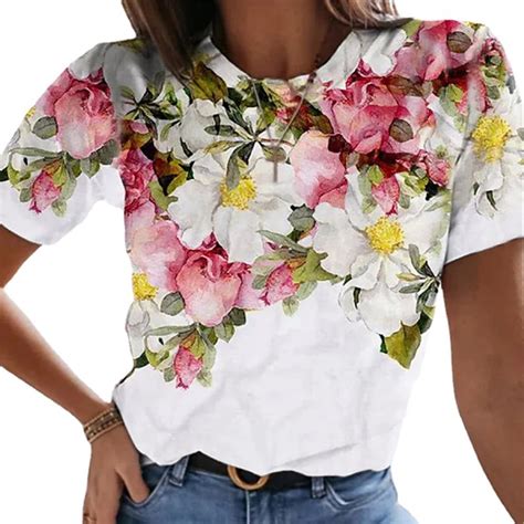 Lilylll Womens Summer Holiday Floral T Shirt Short Sleeve O Neck Blouse