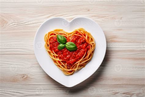 Heart Shaped Spaghetti With Tomato Sauce And Parmesan Cheeses On White