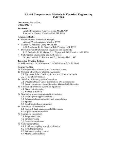 EE 443 Computational Methods In Electrical Engineering