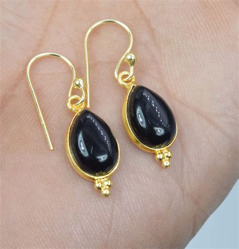 Solid Sterling Silver Ct Gold Overlay Black Onyx Hook Earring