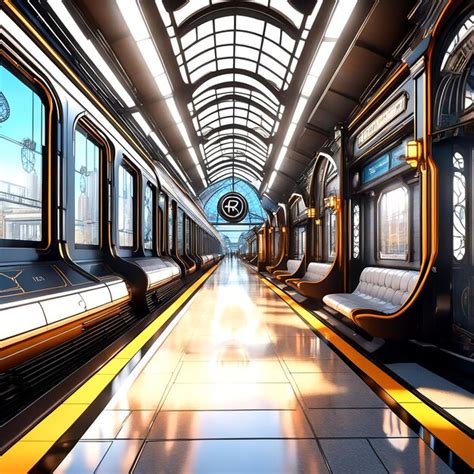 Uma renderização 3D de uma estação de trem futurista no estilo Art