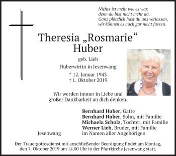 Traueranzeigen Von Theresia Huber Trauer Merkur De