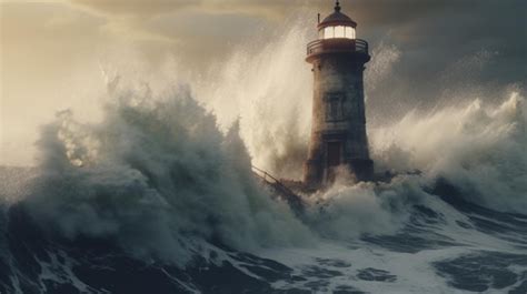 Premium AI Image | A storm with massive waves crashing over the lighthouse in the ocean ...