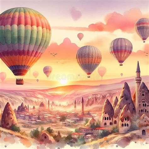 Watercolor Illustration Of Hot Air Balloons At Sunset In Cappadocia