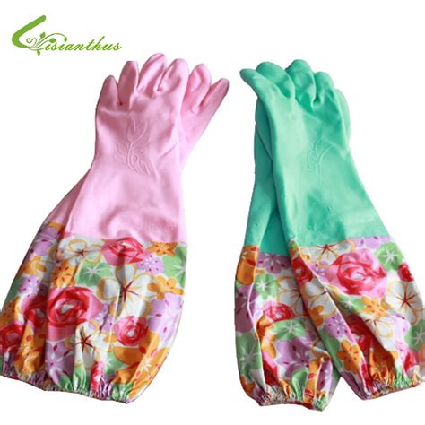 Hot Sale Long Sleeve Rubber Latex Glove Kitchen Household Wash Dishes Cleaning Floral Patchwork