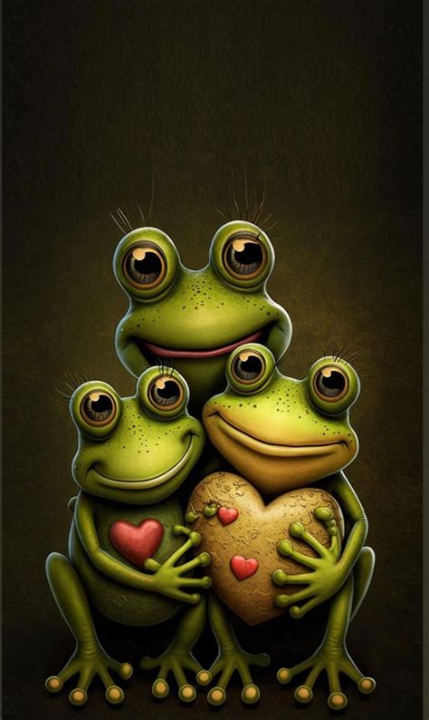 Two Frogs Sitting On Top Of Each Other Holding A Heart