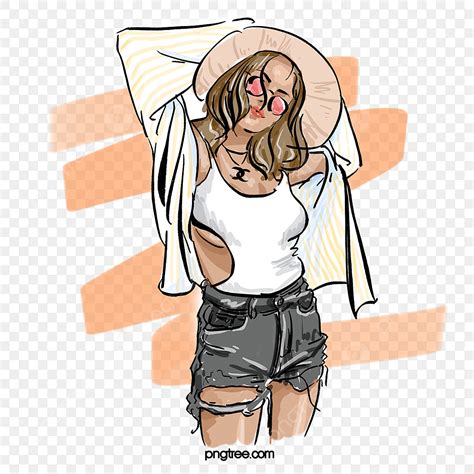 Fashion Model Clipart Hd Png Fashion Shorts Hat Model Girl Hand Drawn