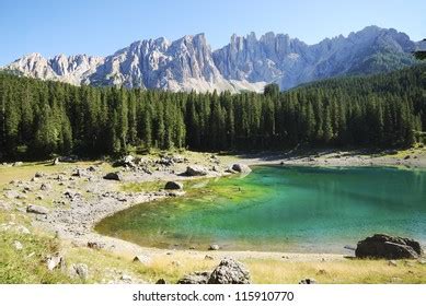 Lake Karersee Lago Di Carezza Dolomites Stock Photo