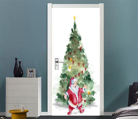 3D Christmas Xmas Tree Santa Claus 5 Door Mural | AJ Wallpaper