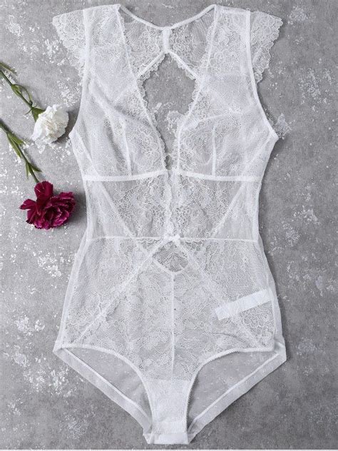 32 Off 2021 See Through Plunge Lace Teddies In White Zaful