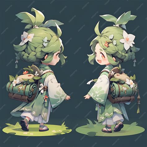 Premium Photo Character Anime Of Female Chibi Kawaii Druid Fashion Nature Inspired Dress Moss