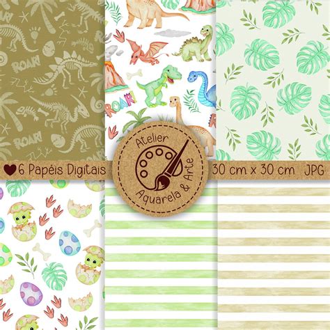 Papel Digital Dinossauro Png - Kit Papel Digital Dinossauro Aquarela Feito a Mão - Topo de Bolo Para ...