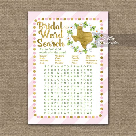 Bridal Shower Word Search Game Texas Pink Gold Nifty Printables