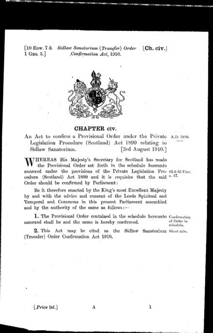 Sidlaw Sanatorium Transfer Order Confirmation Act 1910