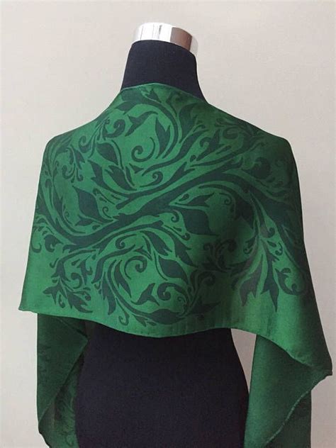 Hand Painted Emerald Green Swirly Vine Silk Scarf Leaves And Swirls