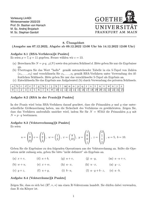 Blatt 8 Ohne Lösung Vorlesung LinADi Wintersemester 2022 Prof Dr