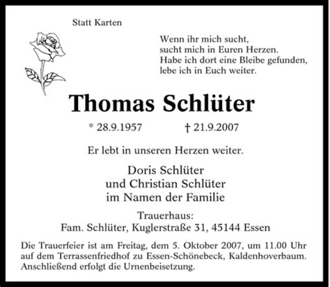 Traueranzeigen von Thomas Schlüter Trauer in NRW de