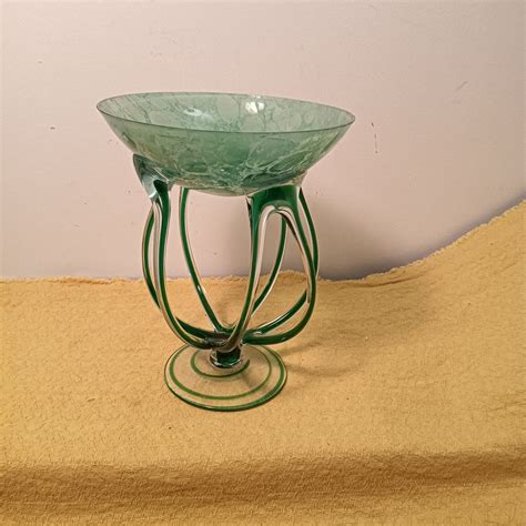 Vintage Jozefina Krosno Hand Blown Swirl Glass Bowl Green Art Glass