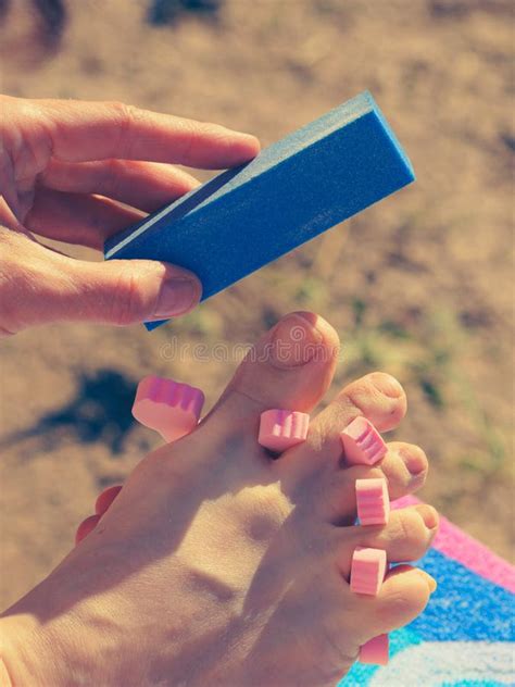 Woman pedicure outdoor stock image. Image of relax, barefoot - 141976805