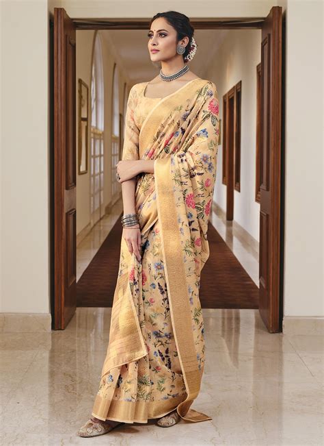 Buy Digital Print Yellow Linen Classic Saree 210834