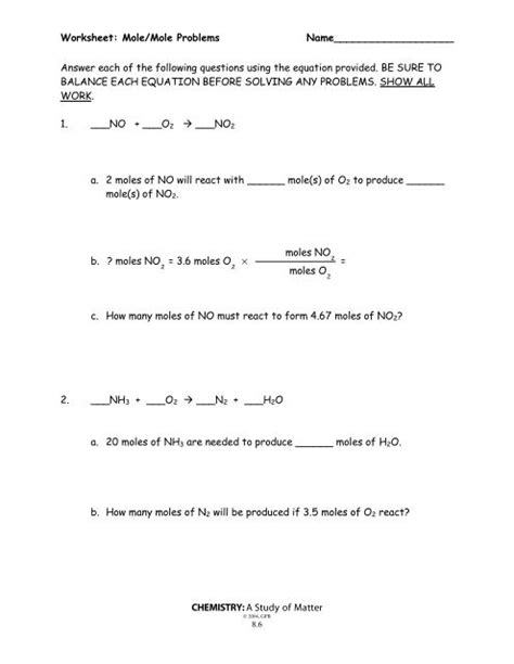 Mole/Mole Problems Worksheet