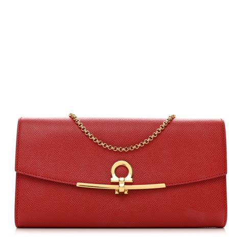 SALVATORE FERRAGAMO Hammered Calfskin Gancini Wallet On Chain Red