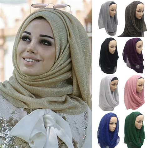 Women Muslim Long Scarf Shining Crinkle Hijab Wrinkled Head Shawl