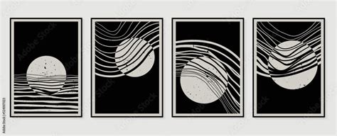 Set of abstract wall art vector. Design with line art, wave lines, ink ...