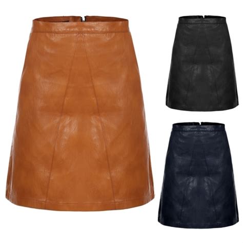 Women High Waisted Synthetic Leather Solid Mini A Line Skirt With