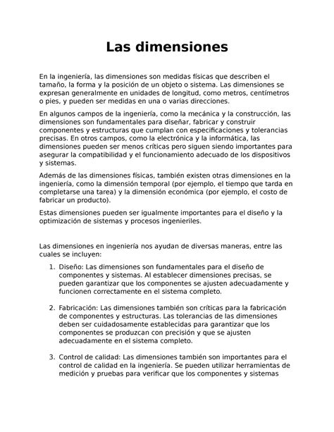 Partes de importancia Las dimensiones En la ingeniería las