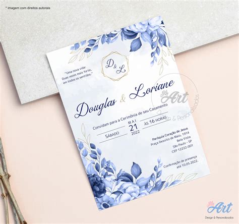 Convite De Casamento Digital Floral Azul Personalizado