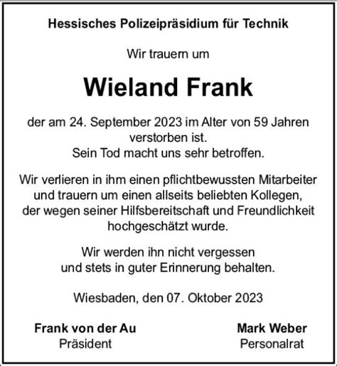 Traueranzeigen Von Wieland Frank Vrm Trauer De