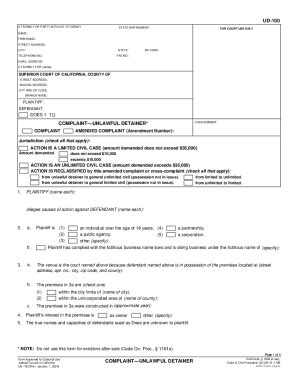 Ud Complaintunlawful Detainer Fill And Sign Printable Template