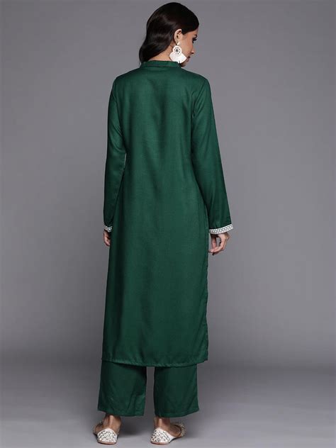 Buy Green Solid Pashmina Wool Straight Kurta With Trousers Online At Rs