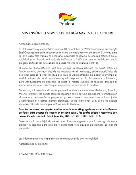 SUSPENSIÓN DEL SERVICIO DE ENERGÍA MARTES 18 DE OCTUBRE Club la Pradera