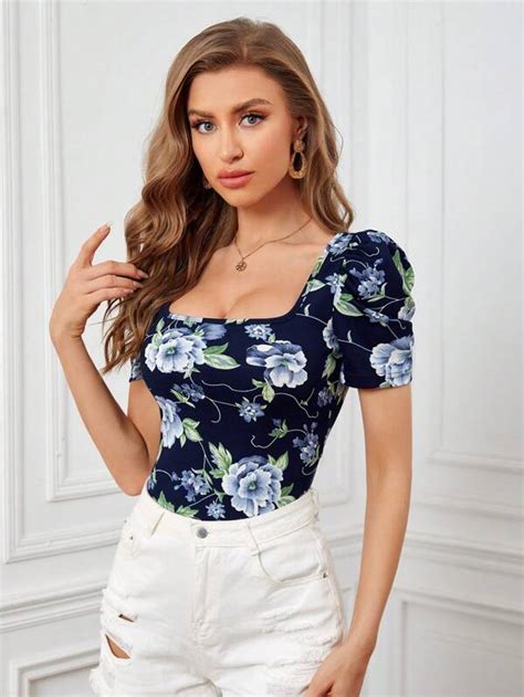 Shein Privé Floral Print Puff Sleeve Tee Shein Uk