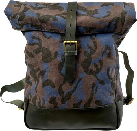 Vida Vida Camo Canvas And Leather Roll Top Backpack Blue Shopstyle