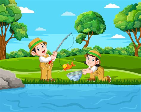 Two fisherman are fishing the fish in the pond 7579169 Vector Art at ...