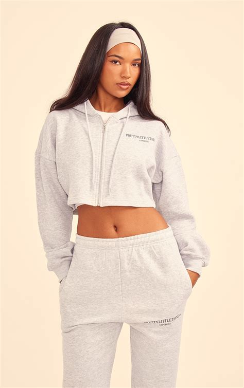 Plt Grey Marl Copyright Zip Through Crop Hoodie Prettylittlething Usa