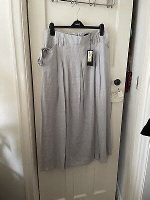 Bnwt M S Autograph Linen Blend Grey Blue Pleat Detail Maxi Skirt Tie