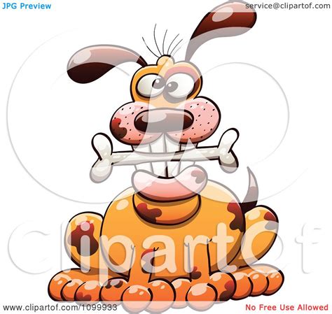 Clipart Happy Spotted Dog Sitting With A Bone In His Mouth Royalty