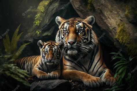 Premium AI Image | Tiger with cub in natural habitat Generative AI