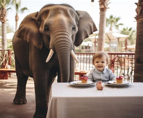 Premium Photo | There is a baby sitting at a table with an elephant behind him generative ai