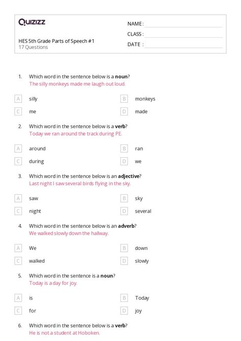 Parts Of Speech Worksheets For Grade On Quizizz Free Printable