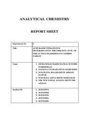 EXPERIMENT 5 CHM256 Docx ANALYTICAL CHEMISTRY REPORT SHEET Experiment