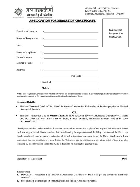 Fillable Online Application For Migration Certificate Arunachal