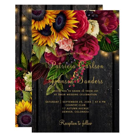 Sunflower And Burgundy Roses Rustic Fall Wedding Invitation Zazzle