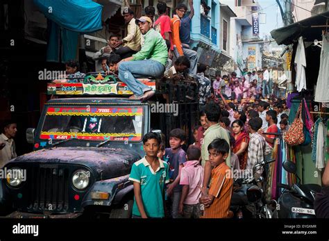 crowd  truck  street pushkar india stock photo alamy